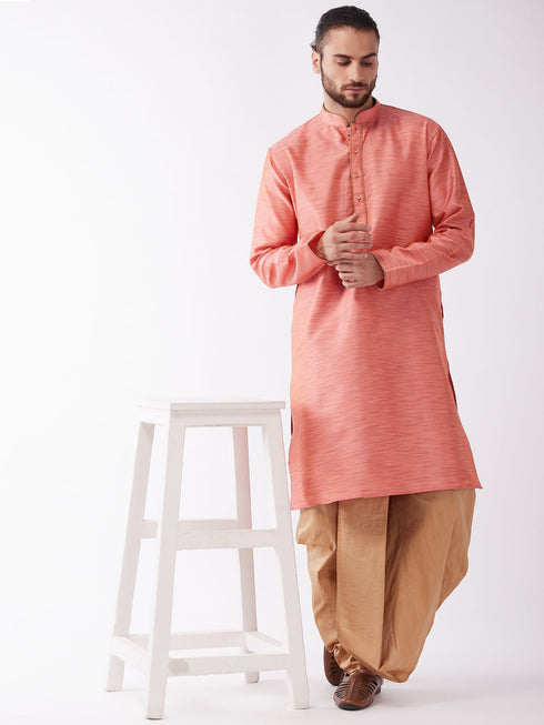 Vastramay Men's Pink And Rose Gold Silk Blend Kurta And Dhoti Set